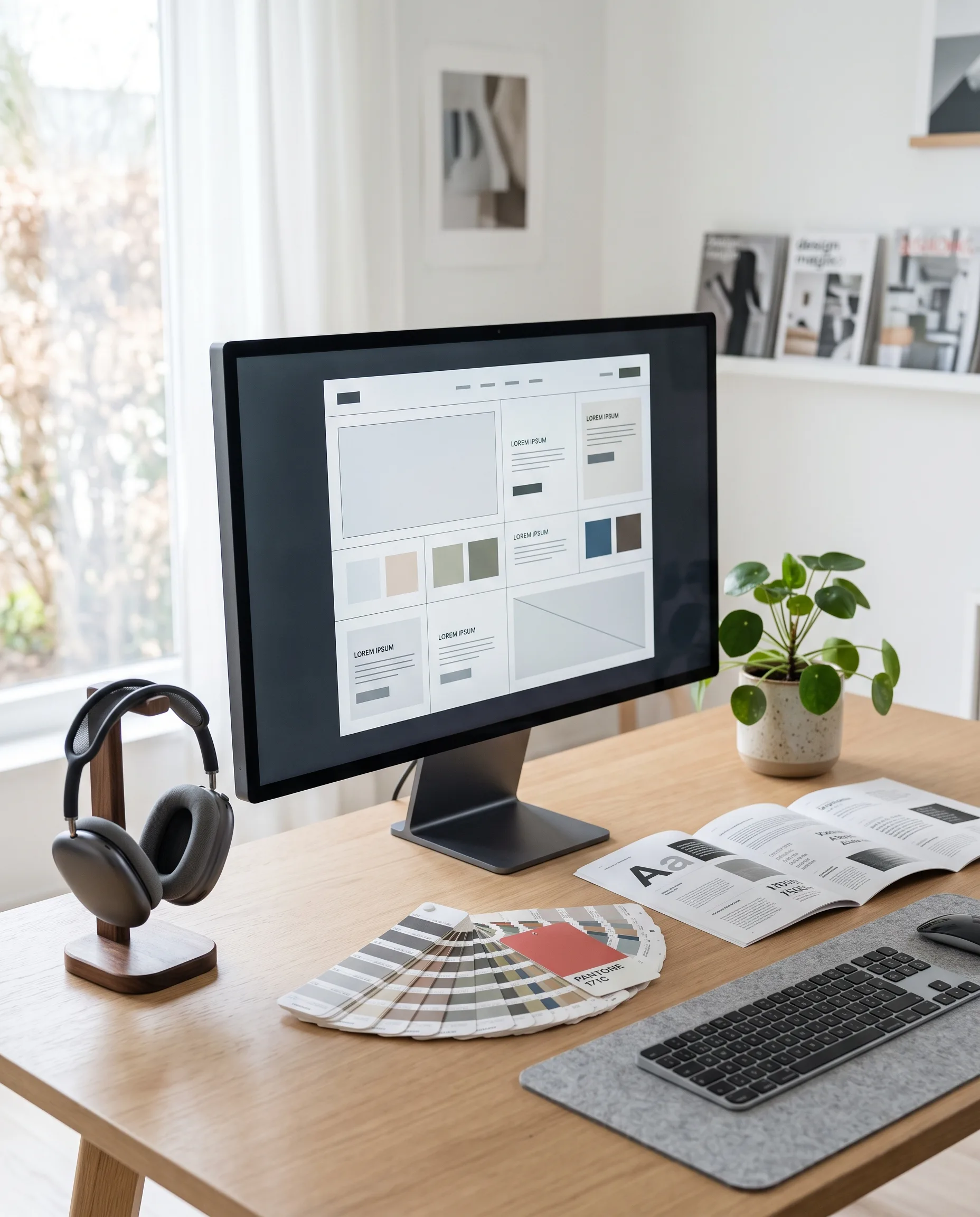 Designer’s desk with a monitor, color swatches, and typography prints