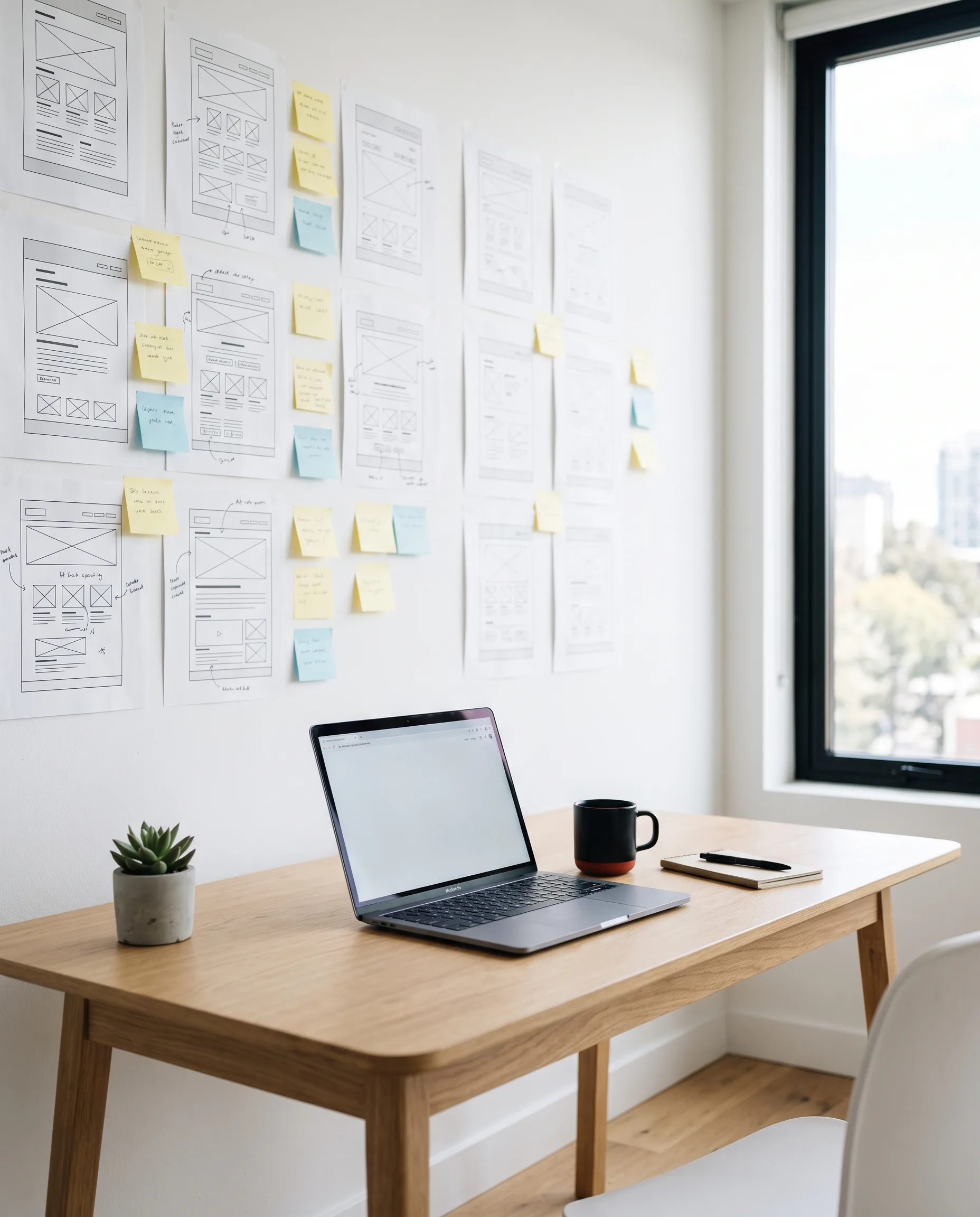 Website wireframes and notes on the wall of a bright office, with an organized desk in front