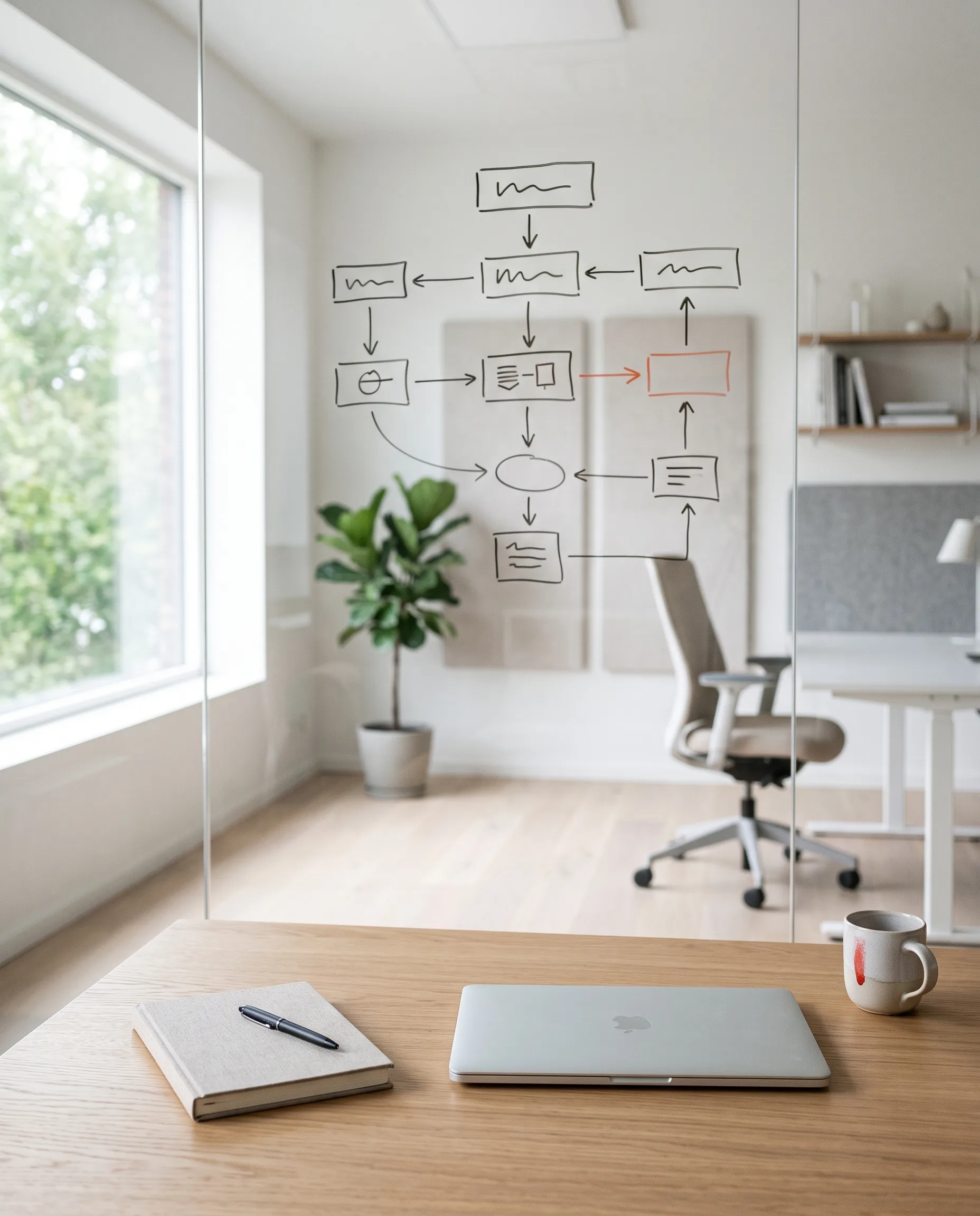 Flowchart on a glass wall, with an organized desk in front