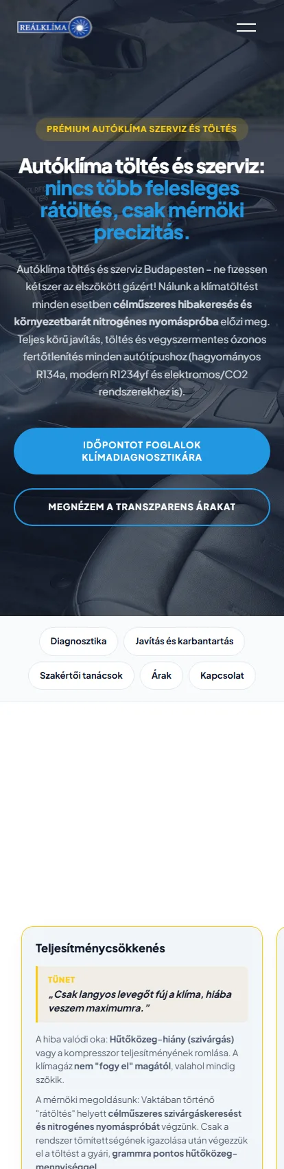 A Clima.hu autóklíma-szerviz oldala mobilnézetben