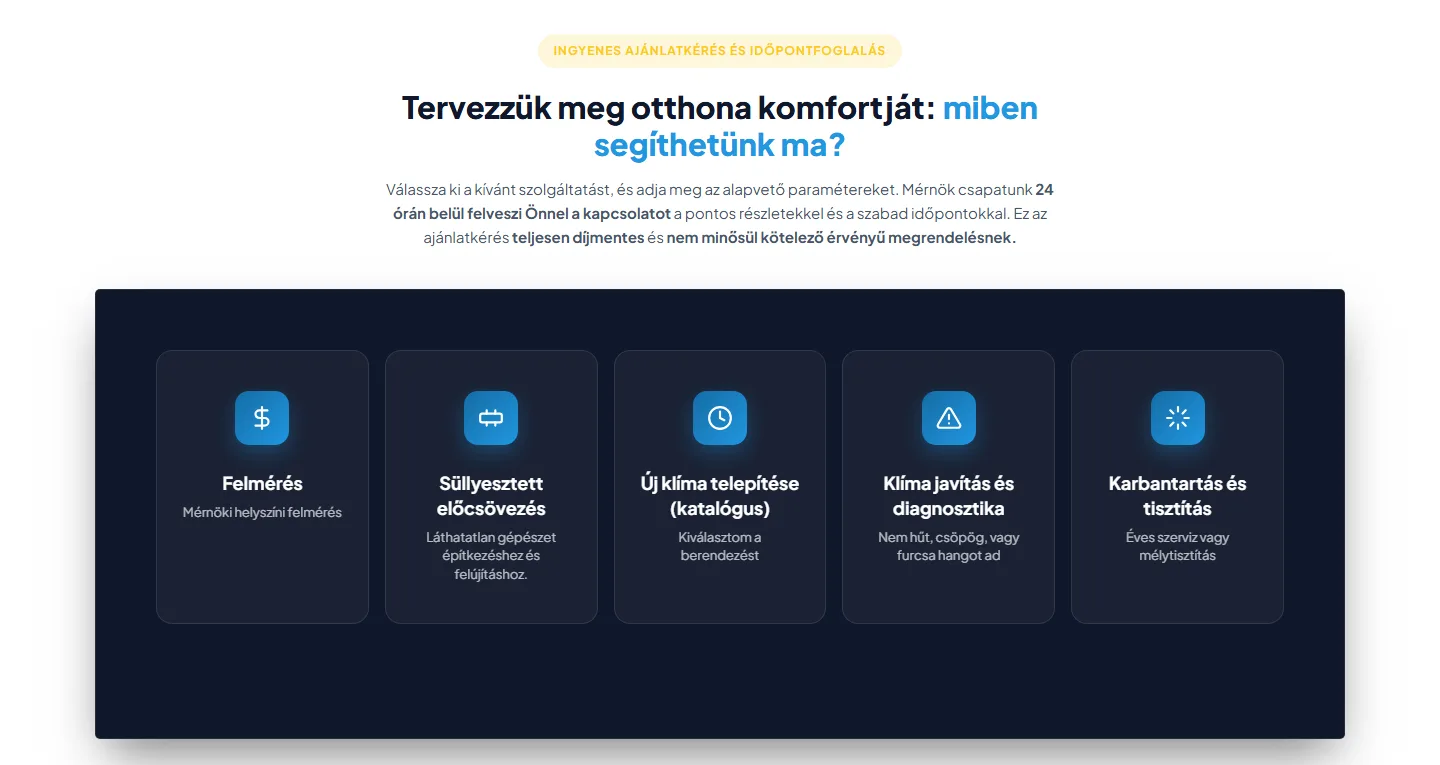 A Clima.hu ajánlatkérőjének indító képernyője: öt szolgáltatási ág kártyája – felmérés, süllyesztett előcsövezés, új klíma telepítése, javítás és diagnosztika, karbantartás és tisztítás