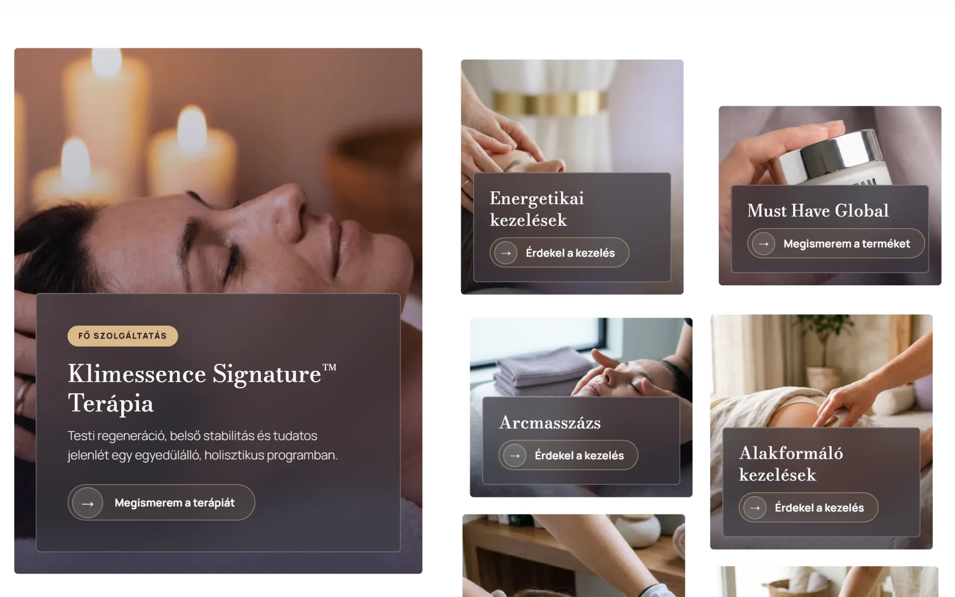 A Klimessence Signature weboldalának szolgáltatás-szekciója: a Signature terápia, az arckezelések és az energetikai kezelések egymás mellett