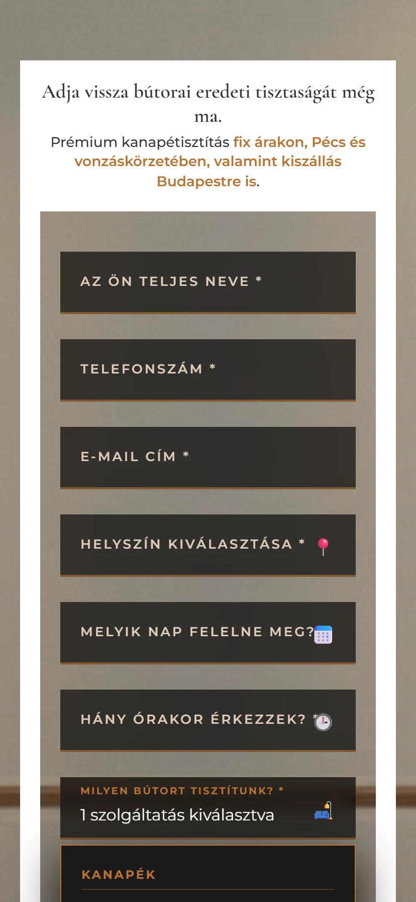 A MegiClean foglalójának bútorválasztó listája mobilnézetben, árakkal