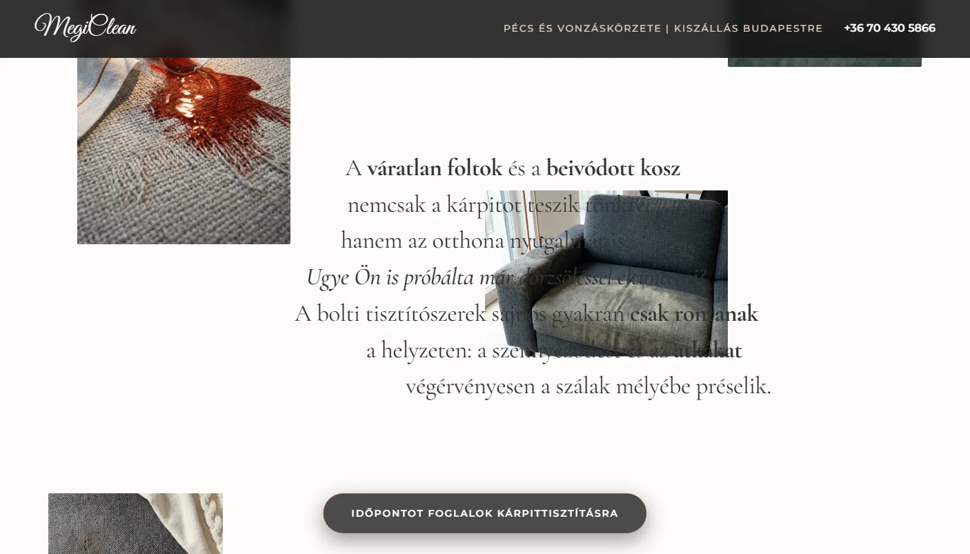 A MegiClean probléma-szekciója görgetés közben: a szöveg soronként érkezik be, mögötte a kiömlő bor és a kanapé videója úszik felfelé