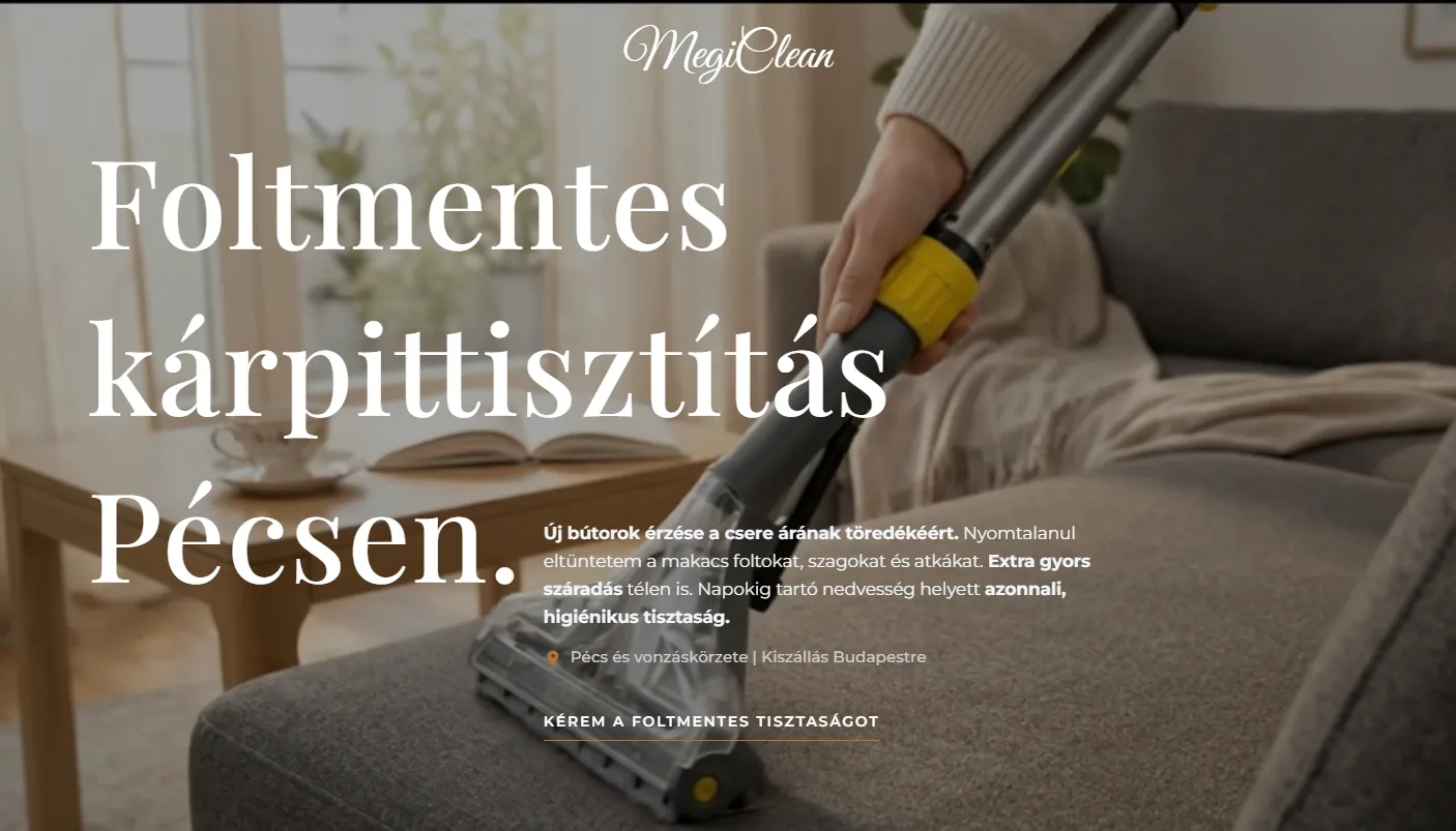 A MegiClean weboldala, kárpittisztító szolgáltatás kódolt időpontfoglalóval