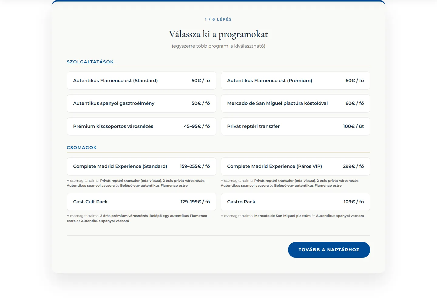 A Rollio De Madrid foglalási varázslójának első lépése: programválasztó lista szolgáltatásokkal és csomagokkal, árakkal