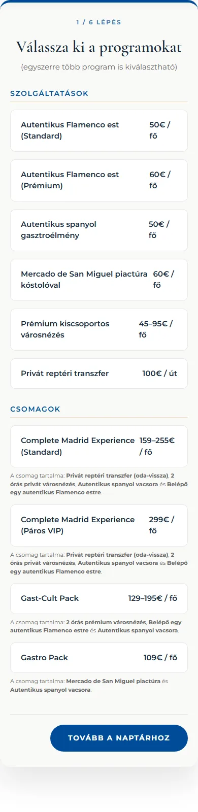 A Rollio De Madrid foglalási varázslójának első lépése mobilnézetben
