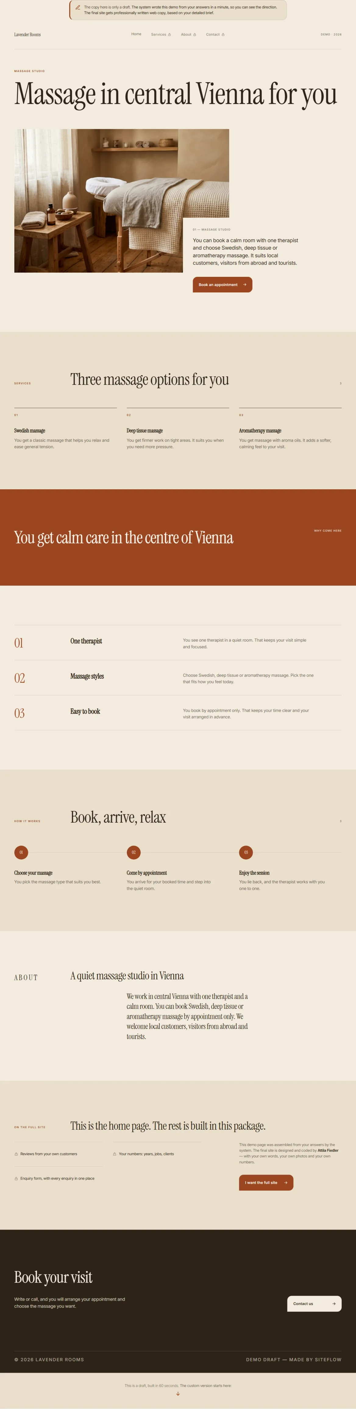 A complete demo page for a massage studio, created by the system from the questionnaire answers